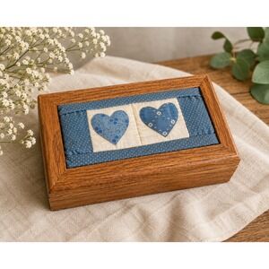 Vintage‎ Tennessee Wood Crafters Oak Keepsake Box Blue Heart Quilt Top Primitive